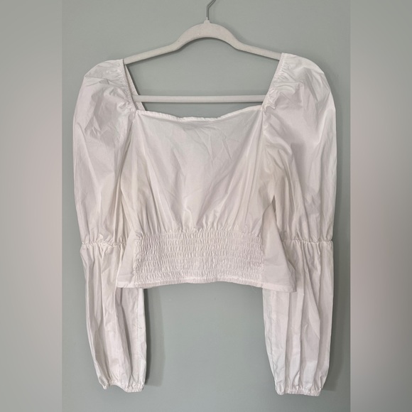 Cropped Balloon-Sleeve 100% Cotton Blouse Button-Front Feminine White Small - Picture 6 of 6